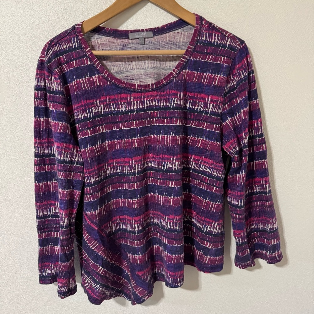 Habitat Asymmetric 3/4 Sleeve Tee Pink Purple Abstract Stripe Scoop Lagenlook-L